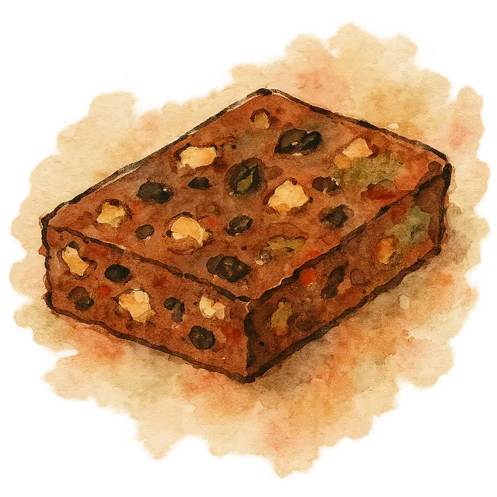 A watercolour of a dark cocoa set biscuit slab studded with biscuit pieces, raisins and nuts