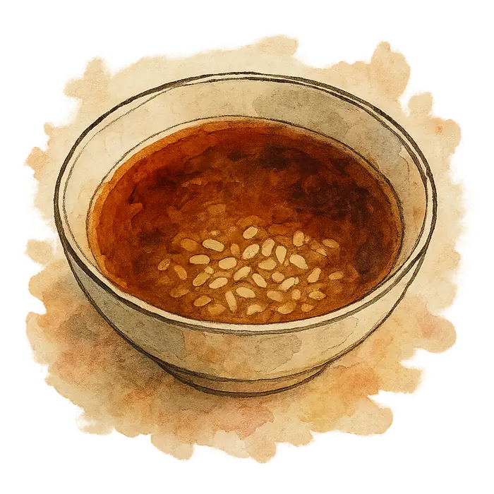 A watercolour of a bowl of dark amber onion broth with pearl barley grains settled at the bottom