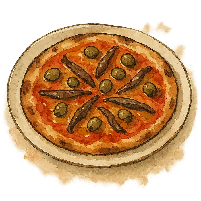 A watercolour of a blistered flatbread with thin red tomato, green olives and dark anchovy