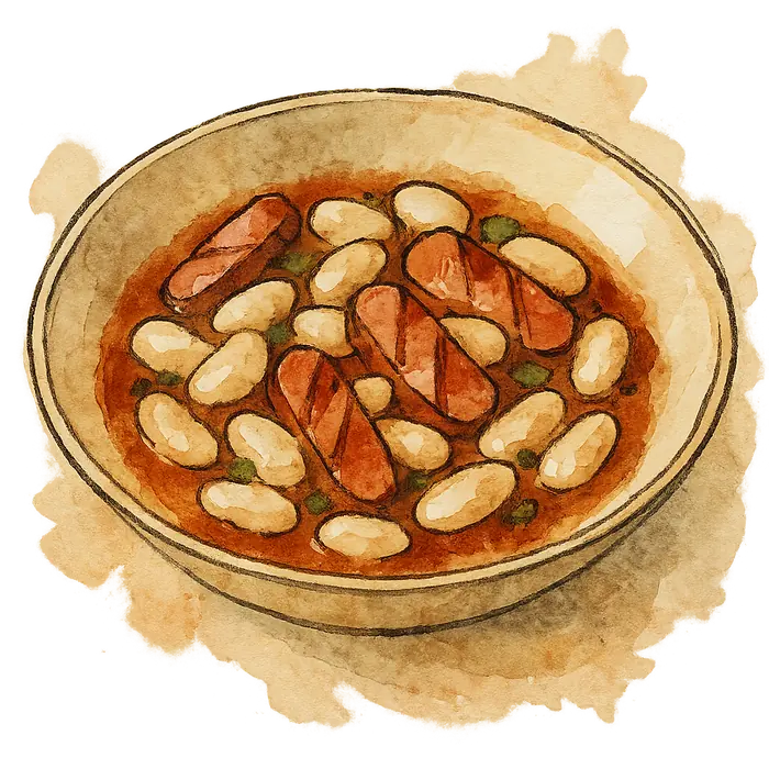 A watercolour of browned frankfurter pieces among pale white beans in a red sauce