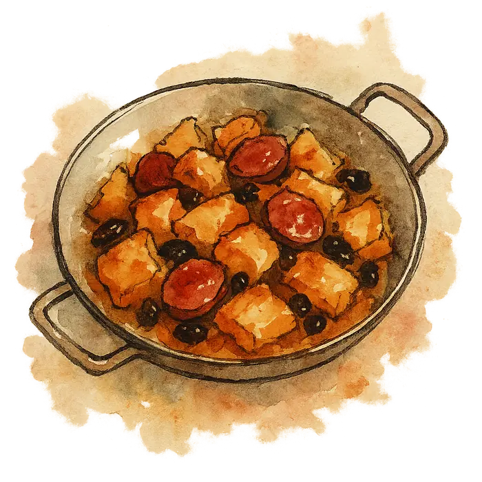 A watercolour of golden crisp fried bread pieces with dark chorizo coins and swollen raisins
