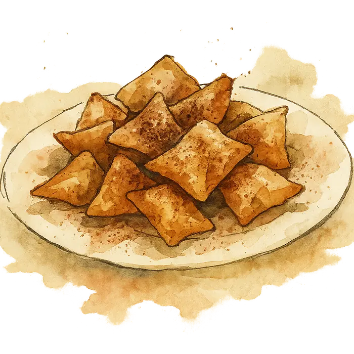 A watercolour of puffed golden fried dough pieces heaped and dusted with brown cinnamon sugar