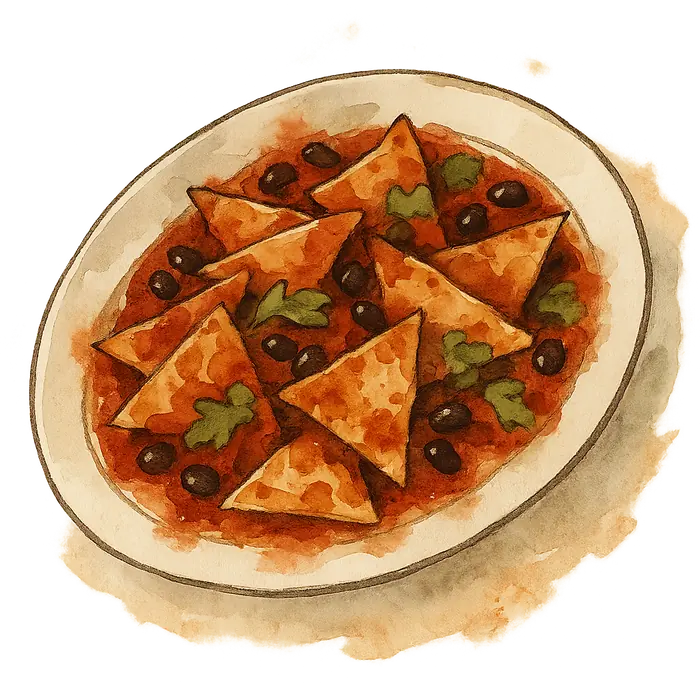 A watercolour of crisp torn tortilla triangles in red tomato sauce with black beans