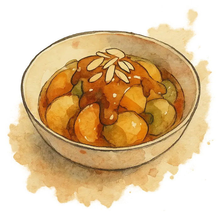 A watercolour of a bowl of mixed tinned fruit with thick brown caramel poured over and flaked almonds on top