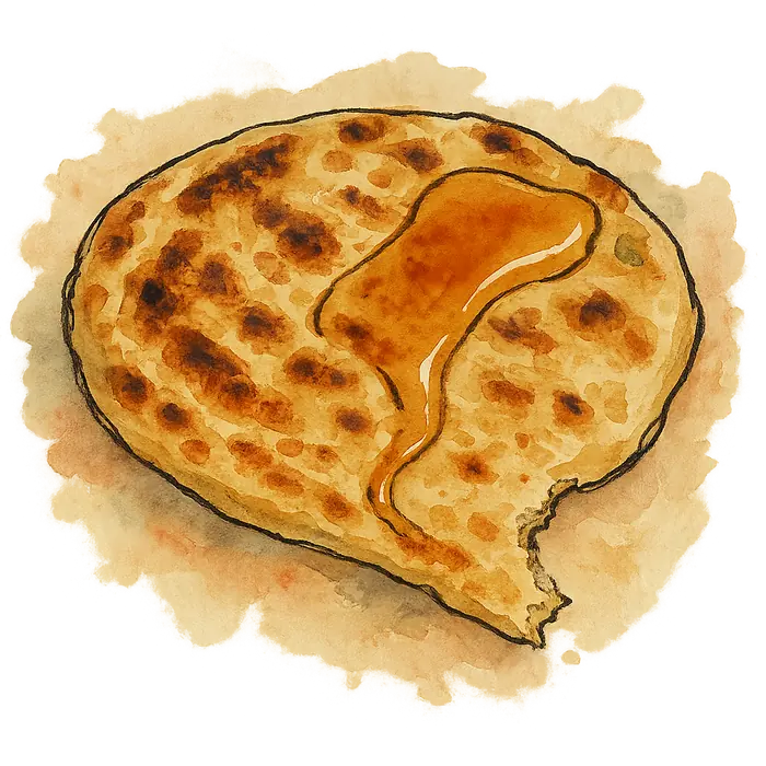 A watercolour of a blistered flatbread with golden syrup running across it