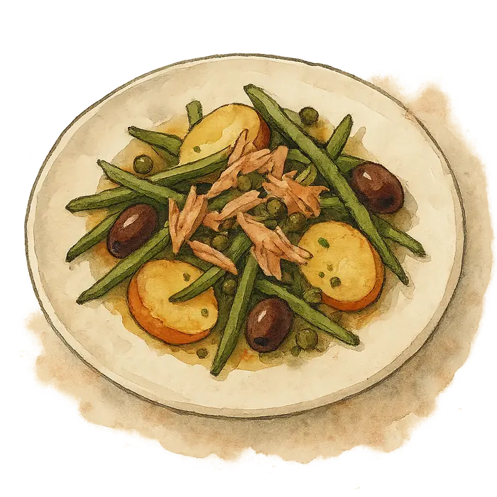 A watercolour of a plate of green beans, halved potatoes, tuna flakes, olives and capers in a dressing
