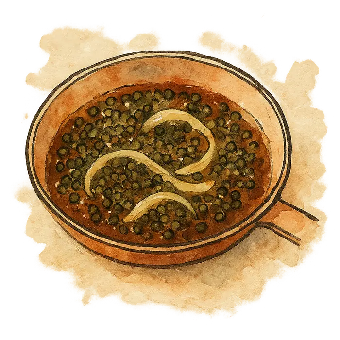 A watercolour of dark green lentils in a glossy brown braise with soft onion, in a shallow pan