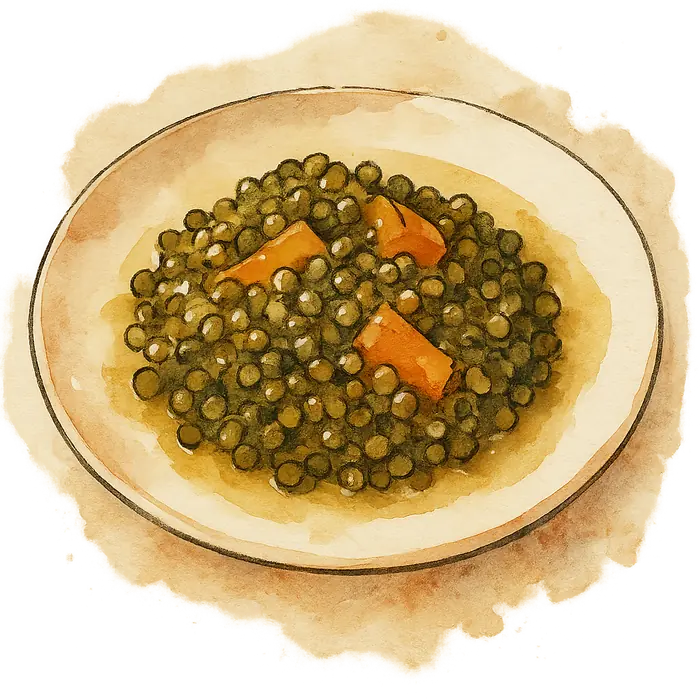 A watercolour of dark green lentils in a glossy mustard dressing with orange carrot pieces