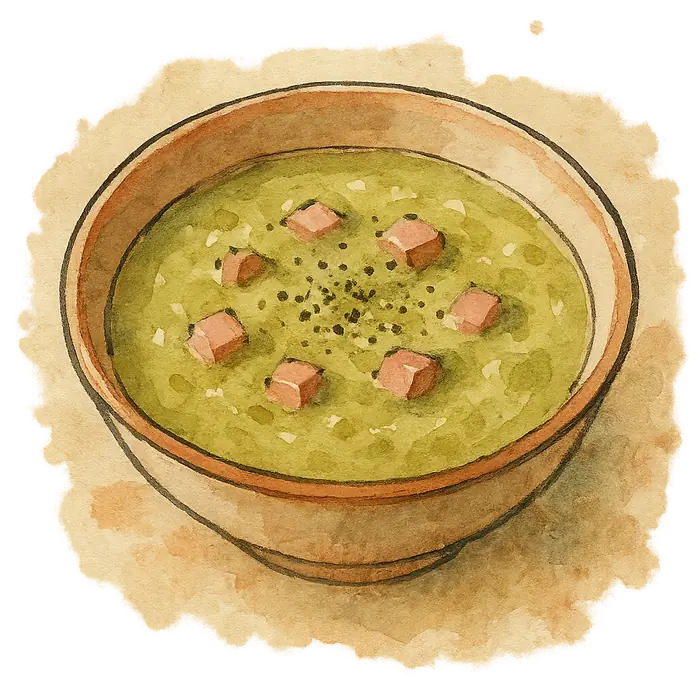 A watercolour of a thick pale green pea soup with pink flecks of ham and coarse black pepper