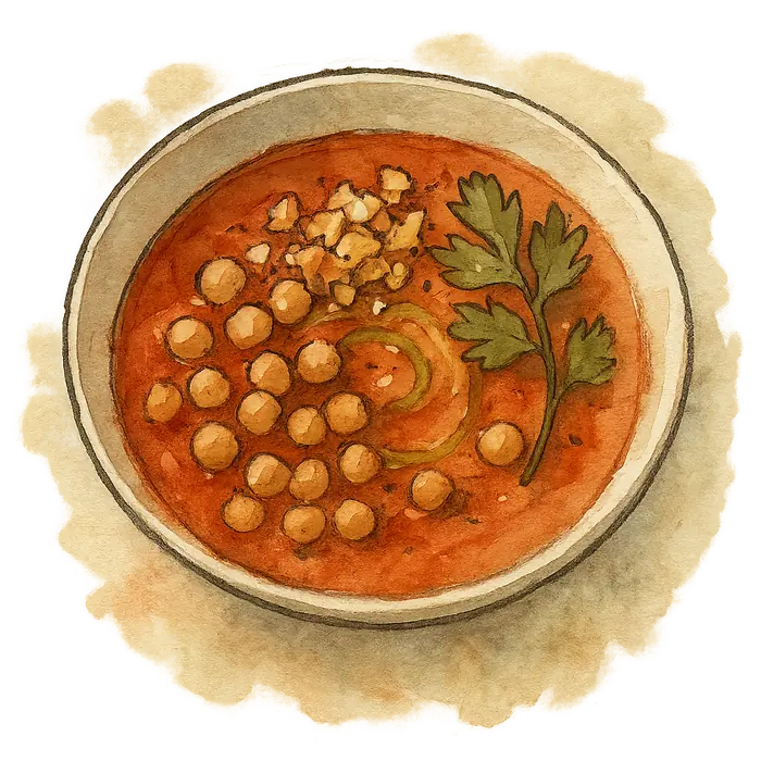 A watercolour of a bowl of rust-red chickpea soup with a swirl of olive oil and crushed crackers on top