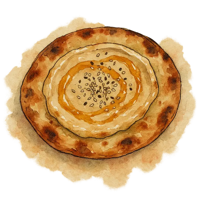 A watercolour of a blistered flatbread spread with pale tahini and drizzled with amber honey and sesame seeds