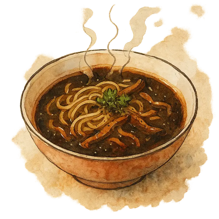 A watercolour of a dark glossy broth with noodles and slivers of dark rehydrated mushroom