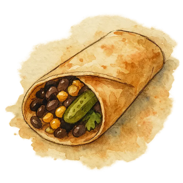 A watercolour of a folded wrap showing black beans, yellow sweetcorn and green gherkin