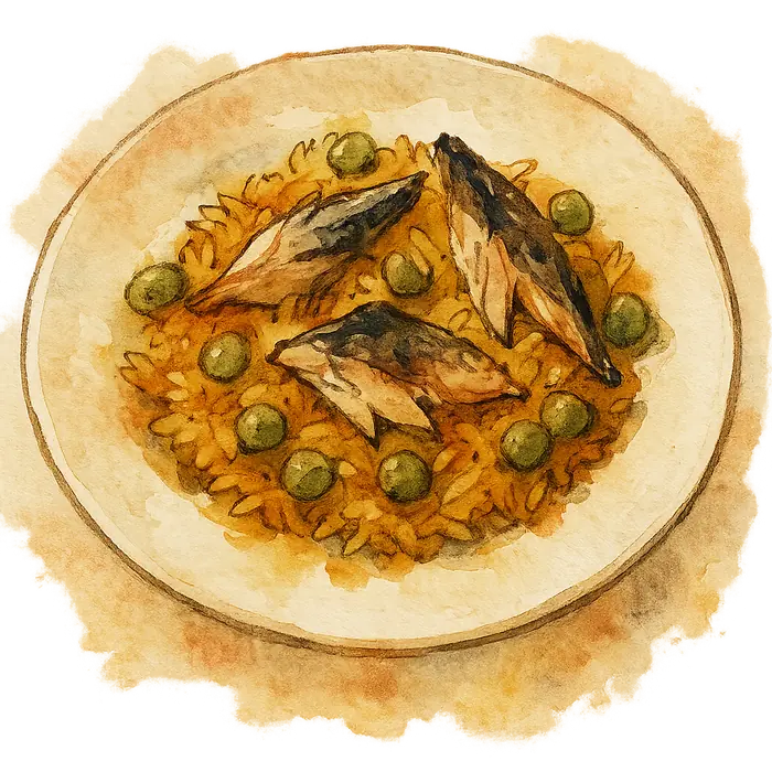 A watercolour of golden turmeric rice with large flakes of dark mackerel and green peas