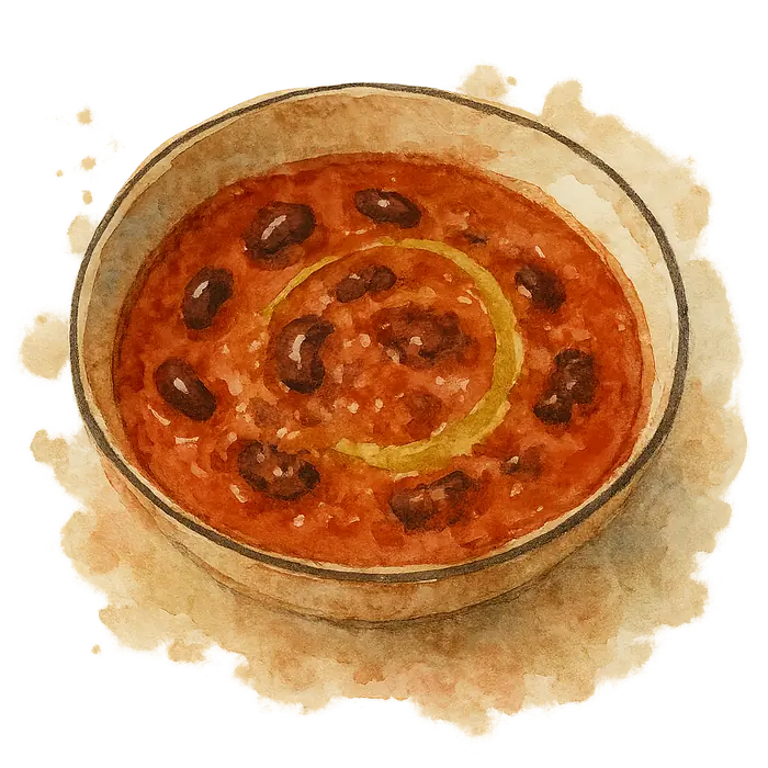 A watercolour of a deep red tomato soup with whole dark kidney beans and a swirl of olive oil