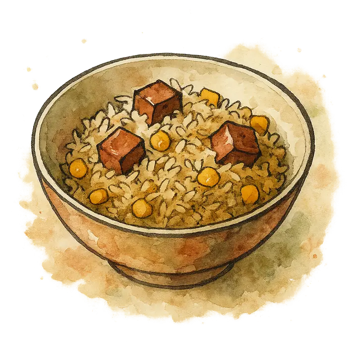 A watercolour of fried rice with deep brown cubes of luncheon meat and yellow sweetcorn