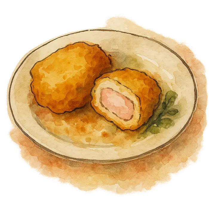 A watercolour of thick golden battered fritters, one cut to show pale pink meat inside, on a plate