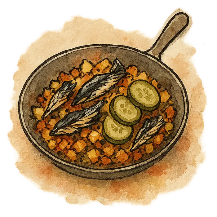 A watercolour of a pan of crisped potato hash with flakes of dark mackerel and slices of green gherkin