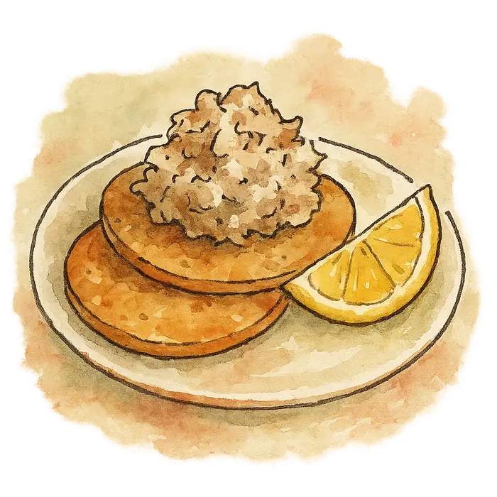 A watercolour of coarse pale brown fish pate heaped on round oatcakes with a wedge of lemon