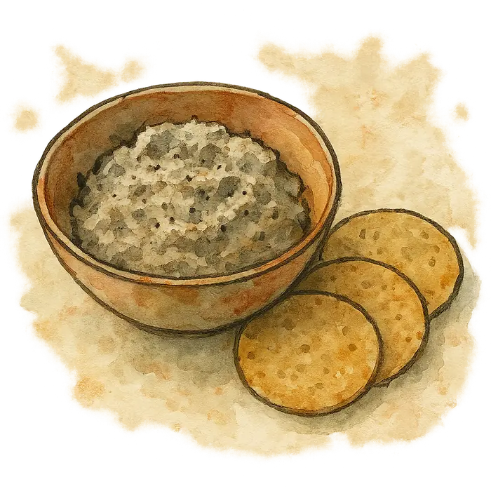 A watercolour of a bowl of coarse grey-brown mackerel pate speckled with black pepper, beside round oatcakes