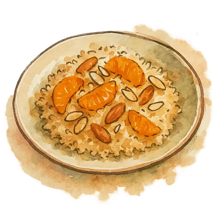A watercolour of pale couscous with bright orange mandarin segments and flaked almonds
