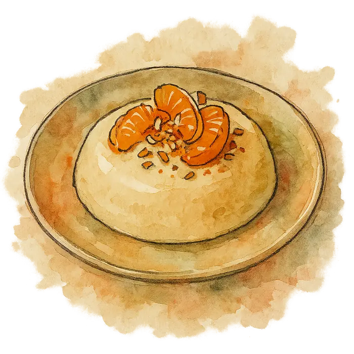 A watercolour of a smooth pale semolina pudding with orange mandarin segments and toasted coconut