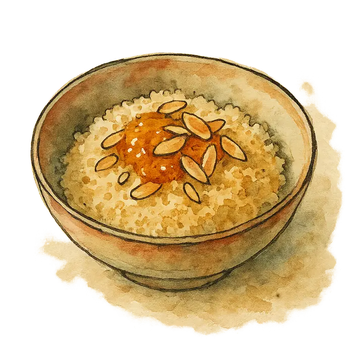 A watercolour of pale couscous with amber marmalade melting into it and toasted flaked almonds