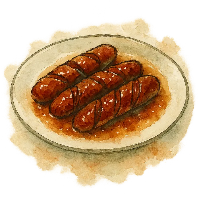 A watercolour of browned diagonal frankfurter pieces glossy with dark amber marmalade glaze