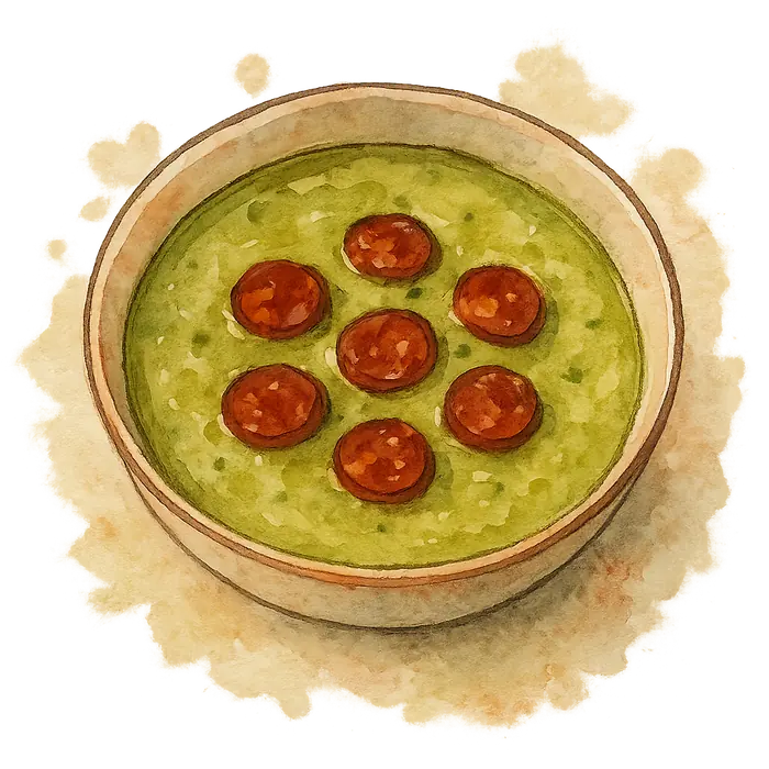 A watercolour of a thick pale green pea soup in a bowl with thin curled coins of dark red chorizo scattered on top
