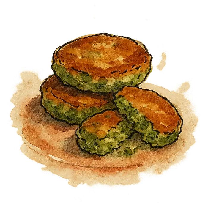 A watercolour of thick green pea fritters with golden crisp surfaces, one broken open
