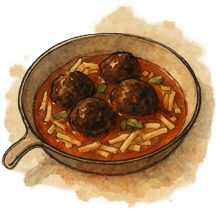 A watercolour of dark browned meatballs in a deep red sauce over short pasta in a shallow pan