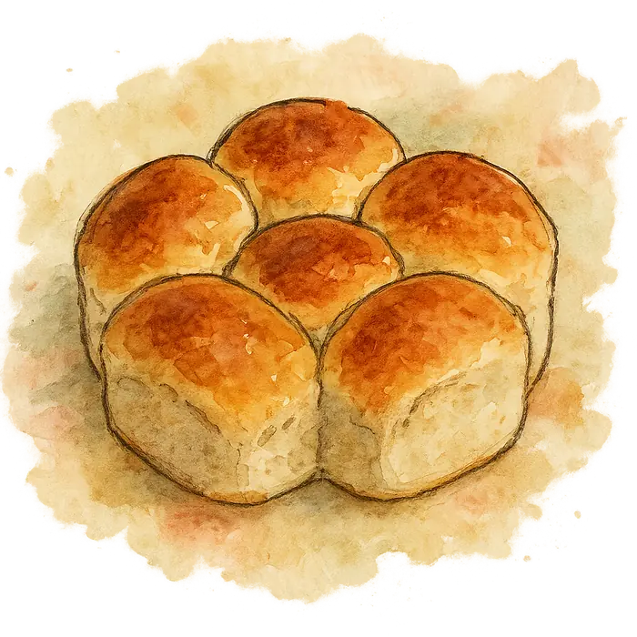 A watercolour of six pale soft rolls joined together in a round pan, tops burnished gold