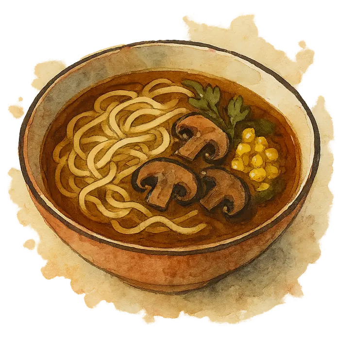 A watercolour of a bowl of brown broth with noodles, mushrooms and sweetcorn
