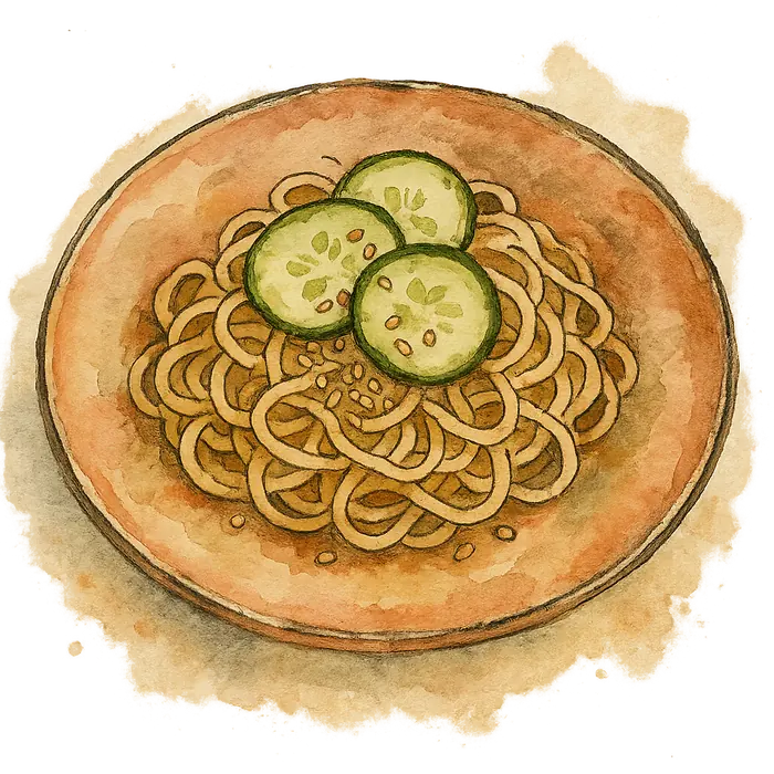 A watercolour of egg noodles in a pale miso and sesame dressing with gherkin slices and sesame