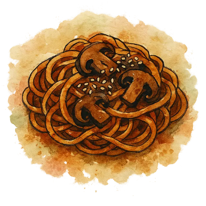 A watercolour of pasta glossy with a brown miso sauce, dark sliced mushrooms and sesame seeds