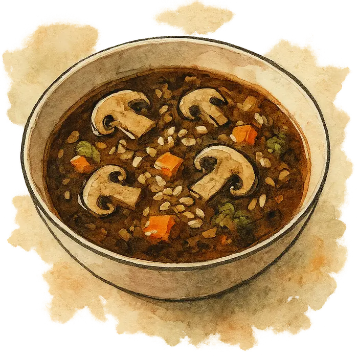A watercolour of a deep bowl of dark brown mushroom soup with sliced mushrooms, grains of bulgur and orange carrot pieces
