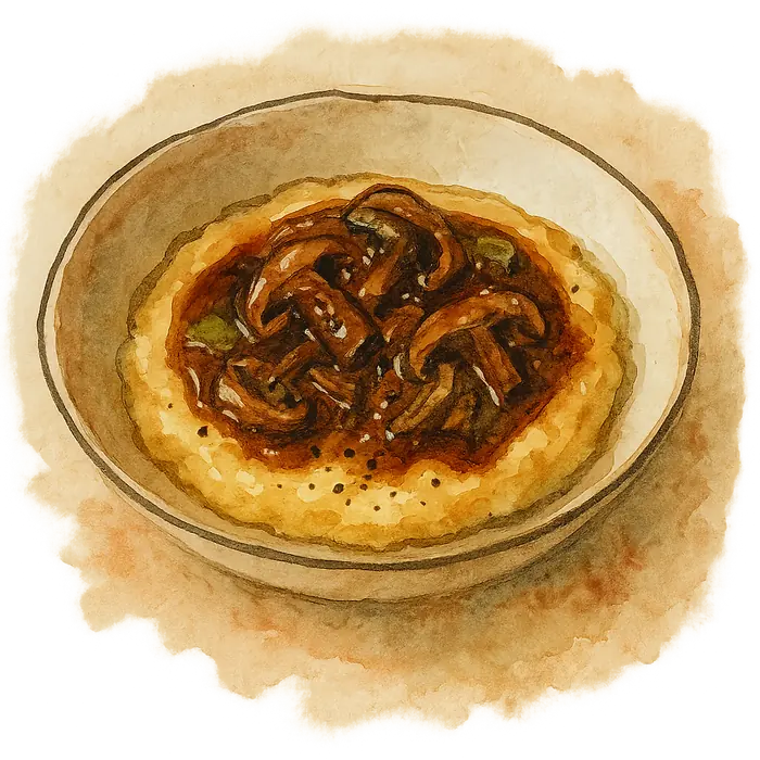 A watercolour of soft yellow polenta under a dark glossy mushroom gravy with scattered black pepper