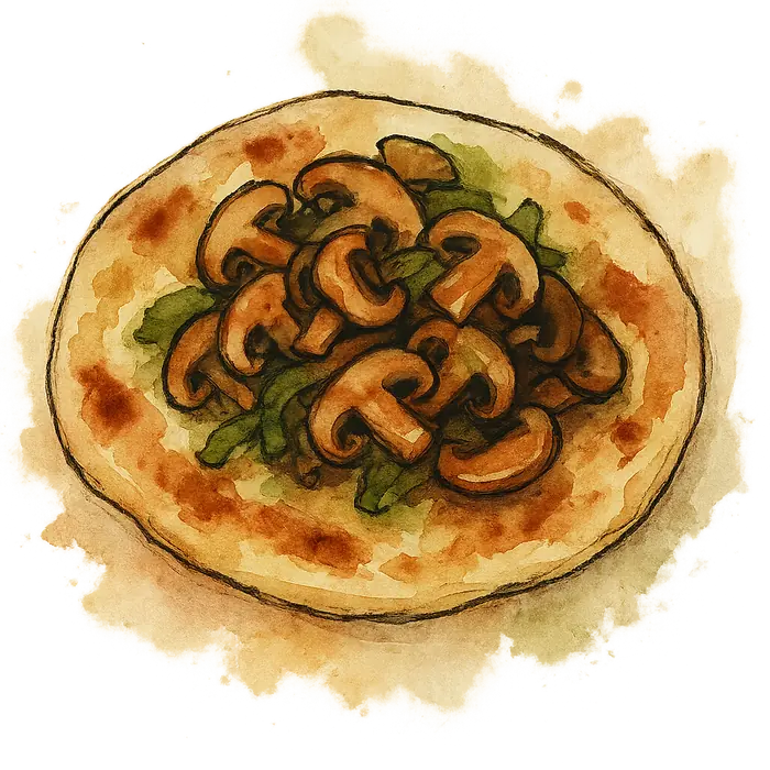 A watercolour of browned sliced mushrooms piled on a blistered fried flatbread