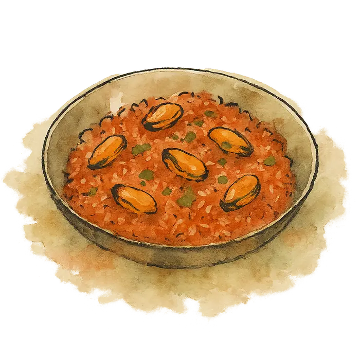 A watercolour of a pan of red tomato rice with small orange mussels scattered through it