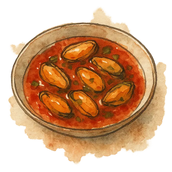 A watercolour of small orange mussels in a red tomato and chilli sauce in a shallow dish