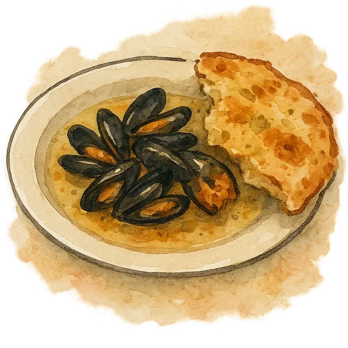 A watercolour of small dark mussels in a pale broth beside a torn oil-brushed flatbread