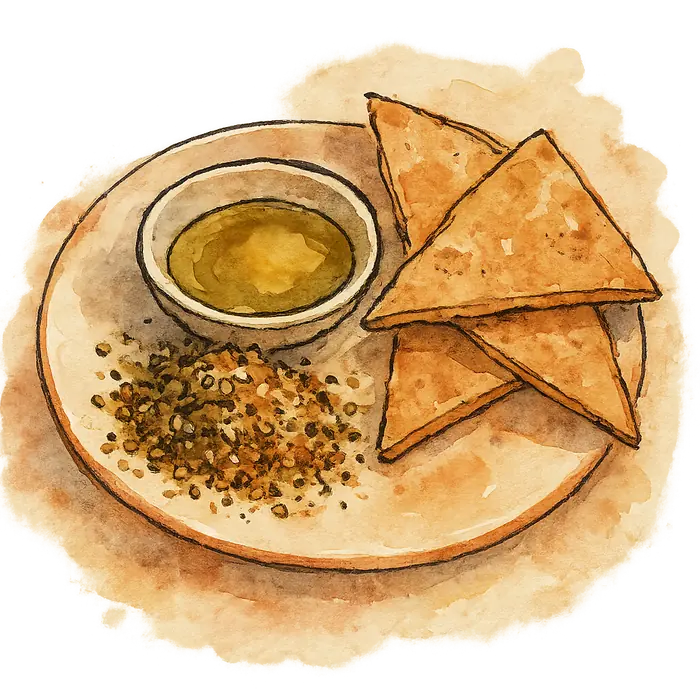A watercolour of a coarse mound of crushed nut and sesame dukkah beside olive oil and oatcakes