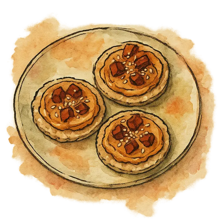 A watercolour of round oatcakes spread thickly with peanut butter and topped with chopped dates and sesame seeds