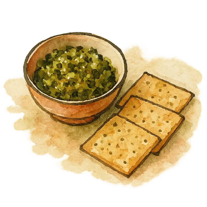 A watercolour of a small bowl of coarse chopped green olive tapenade beside cream crackers