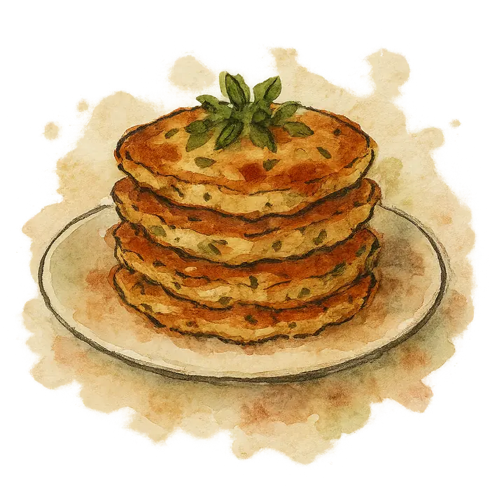 A watercolour of a stack of thick golden savoury pancakes flecked with onion and herbs