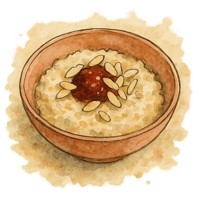 A watercolour of thick soaked oats topped with red jam and flaked almonds