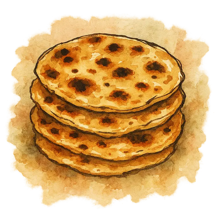 A watercolour of a stack of blistered golden flatbreads with dark charred spots