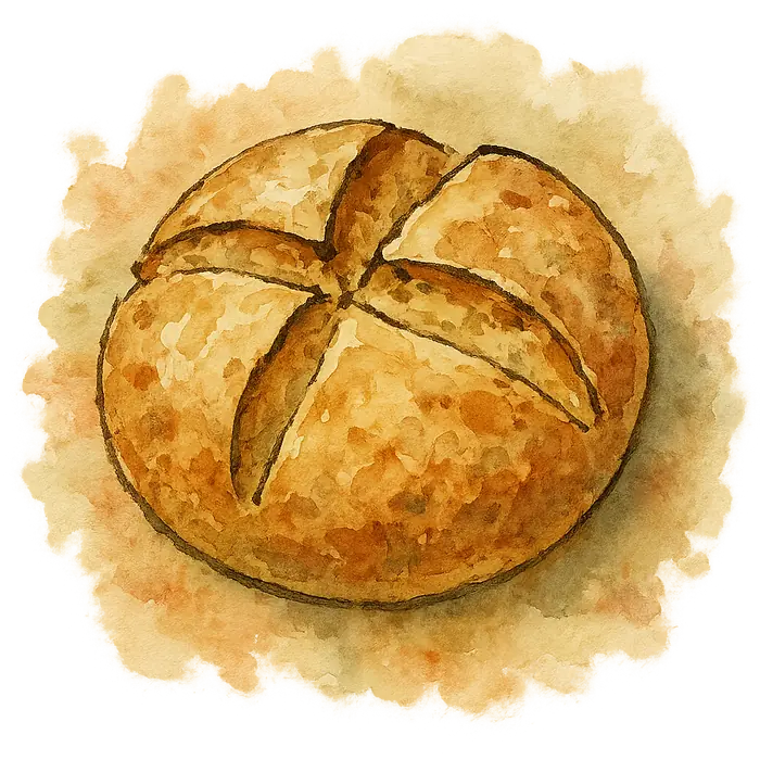 A watercolour of a round soda bread loaf with a deep cross cut in the top, pale golden crust