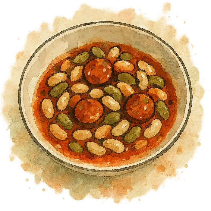 A watercolour of a bowl of mixed white, black and butter beans in a red paprika stew with coins of chorizo