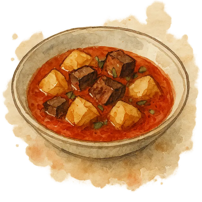 A watercolour of a deep red paprika stew with potato chunks and browned cubes of tinned meat